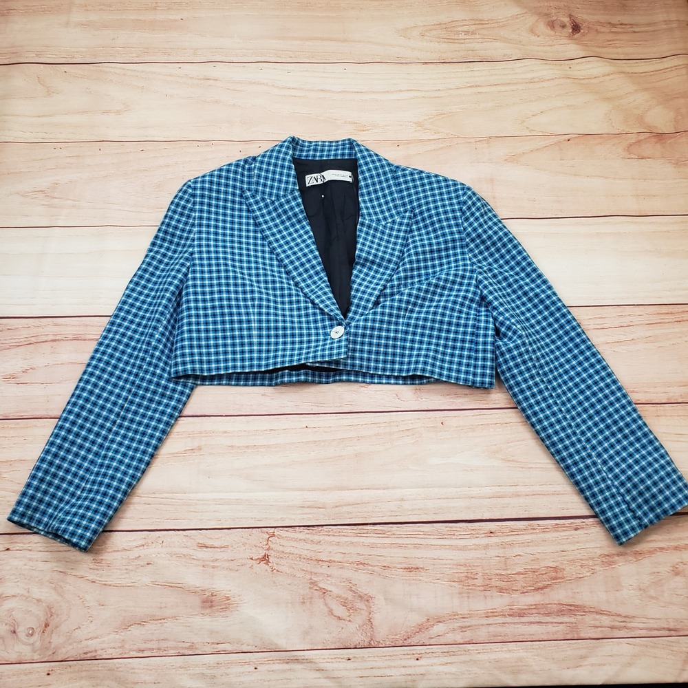 Zara Blazer Jacket Womens Medium Blue Plaid Cropped Single Button Ladies 31423